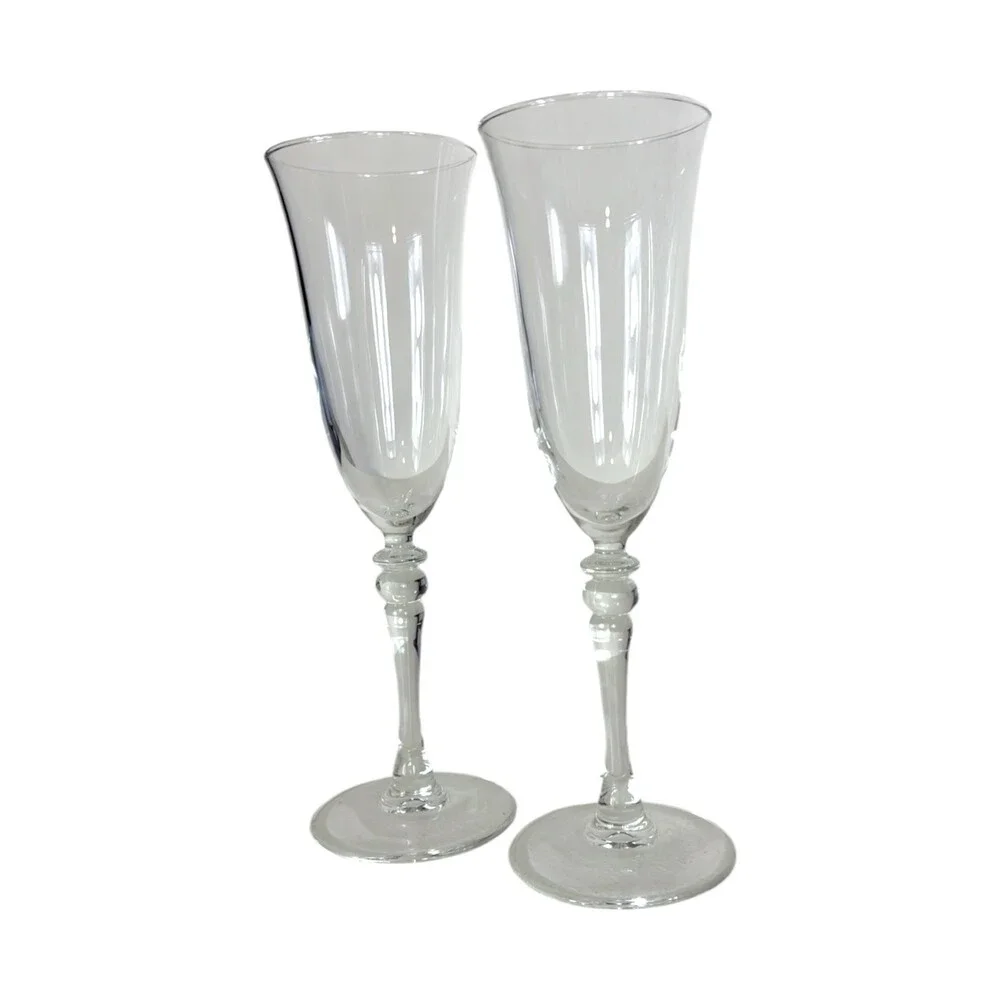 Vintage Clear Crystal Champagne Flutes Pair Trumpet Bowl Baluster Stem Glasses 2